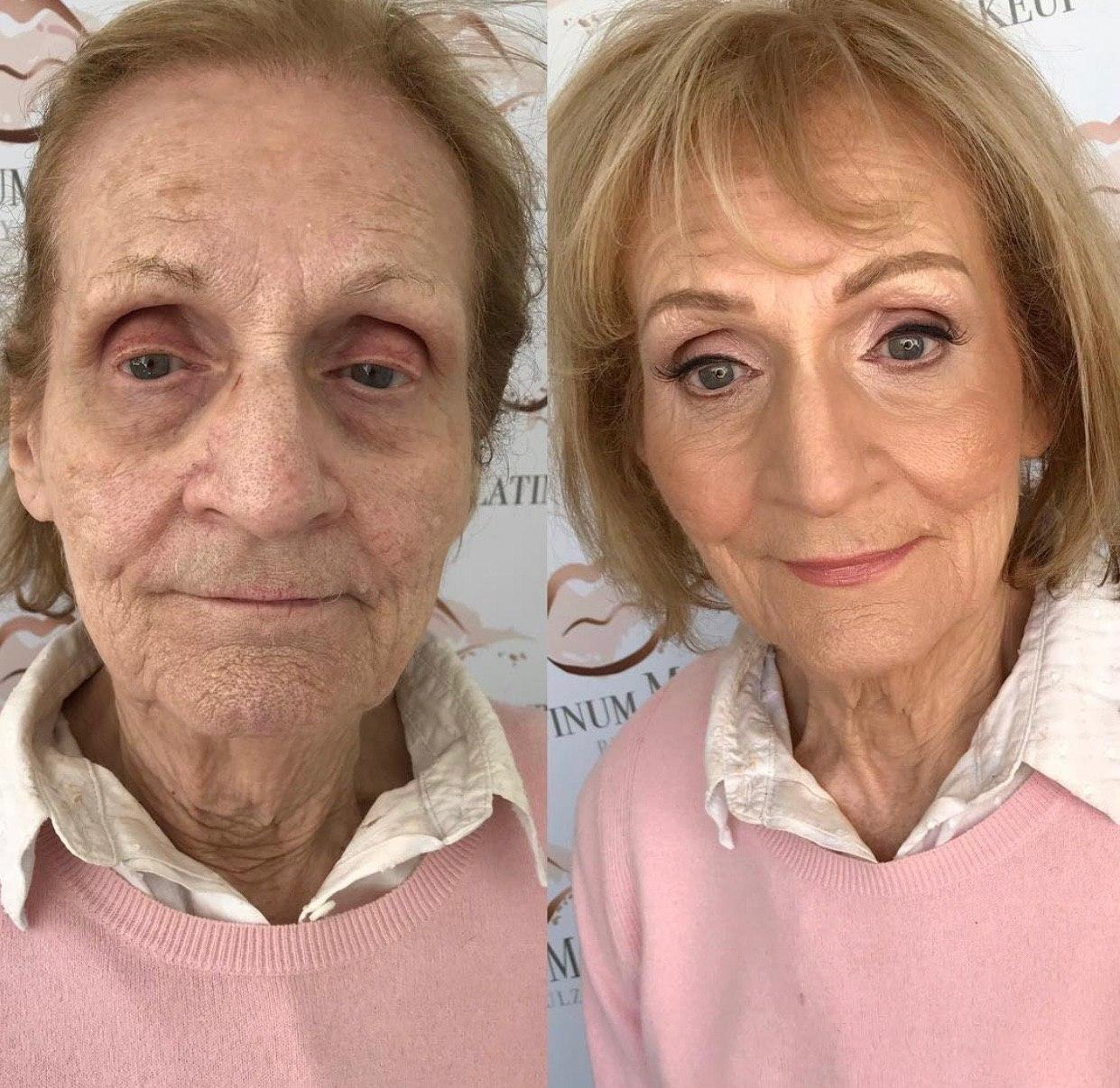 Операции после 70 лет. Макияж для возрастных женщин. Макияж для 80 летней женщины. Макияж бабушки до и после. Макияж для старых женщин.
